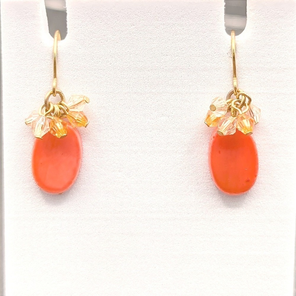 Vintage Orange Bead Dangle Earrings w/ Gold Tone Crystal Cluster Fall Boho